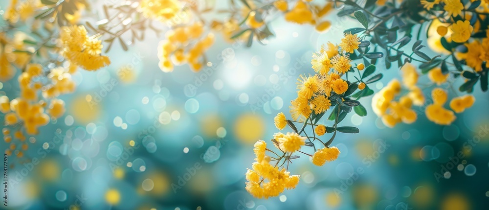 Spring flowers as an abstract floral backdrop. Close up of branch of wattle flowers (mimosa). Space for text, wide panorama, banner. Spring flowers as an abstract floral backdrop. Close up of branch of wattle flowers (mimosa). Space for text, wide panorama, banner.