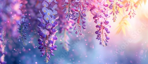 Beautiful wisteria flowers as an abstract floral backdrop. Space for text  wide panorama  banner.