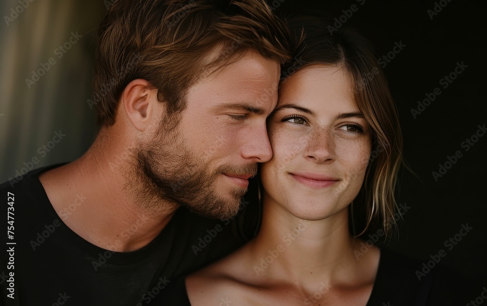 A multiracial man and woman standing together, striking a pose for a photograph A multiracial man and woman standing together, striking a pose for a photograph