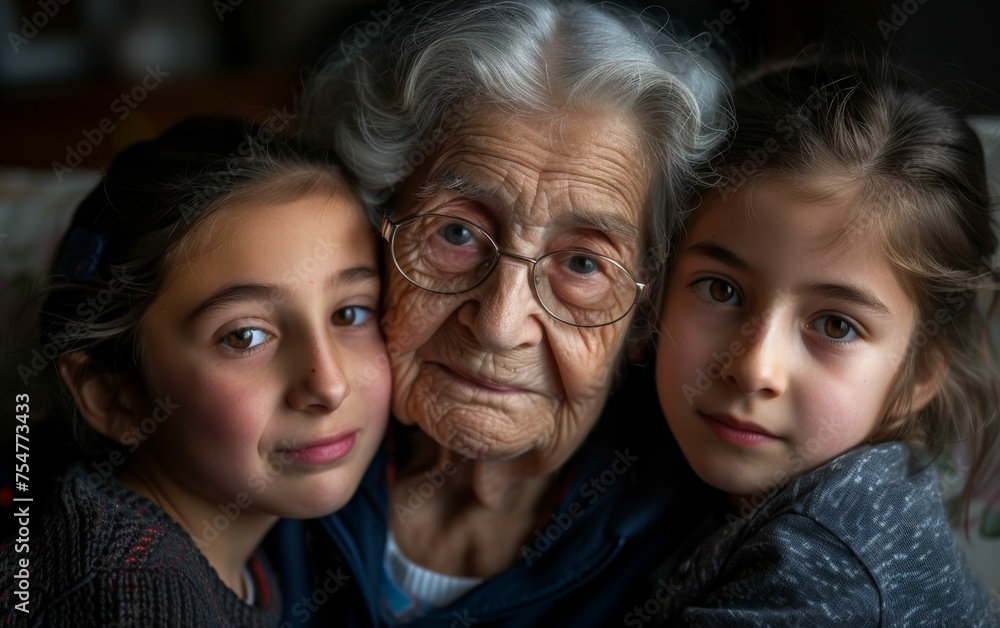 An older woman and two young girls are smiling and posing for a picture together An older woman and two young girls are smiling and posing for a picture together
