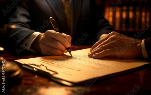 A multiracial man in a formal suit is writing on a piece of paper
