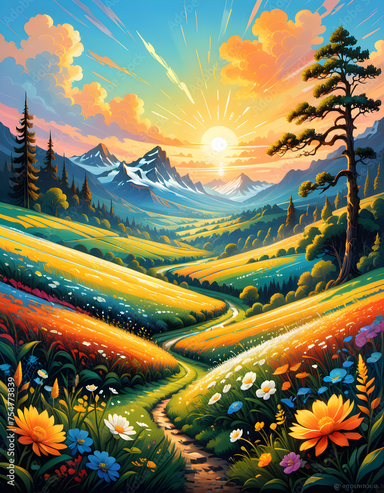 illustration of a path through a flower meadow to a mountain with a snowy peak. generative ai