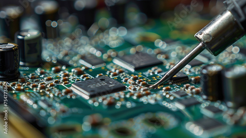 close up of a electronic circuit board, repair of a computer, close up of a computer board soldering with soldering iron by technician