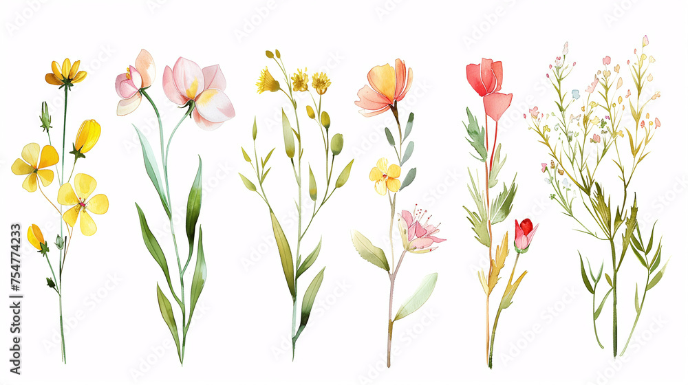 Watercolor blooms in various colors arranged on a white canvas