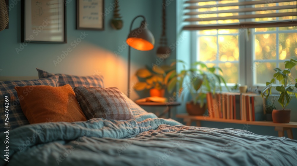 A corner of cozy bedroom at home. Badroom with bad, pillow, With a floor lamp, bookshelf. Very cute cozy interior design, romantic dim lighting - obrazy, fototapety, plakaty 