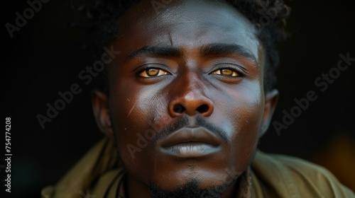 Close-up view of a multiracial man with striking yellow eyes staring directly at the camera