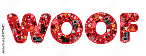 Phrase woof is made of cartoon dogs, bones and paw prints. Cute children's vector illustration.