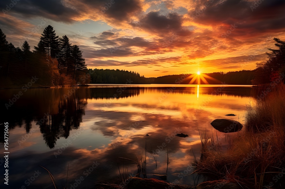Obraz premium Serenity at Sunset: Golden Hour Glow Reflecting