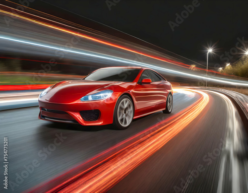 Red Business car on high speed in turn and high-speed highway with motion speed.