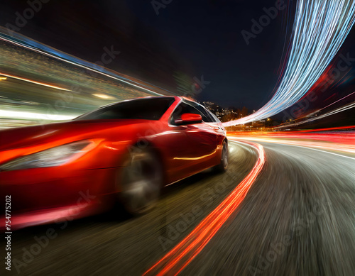 Red Business car on high speed in turn and high-speed highway with motion speed. © Watercolor_Concept