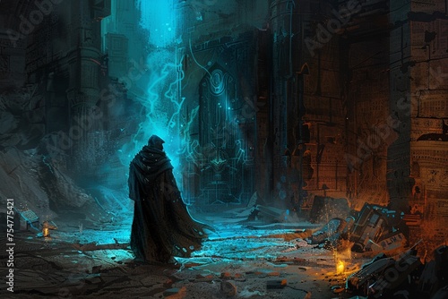 Digital painting of A paladin ventures into the ruins map cleansing it of dark entities.