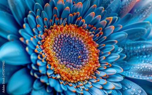 Blue gerbera daisy with a colorful center in a macro photo. Close up of a blue gerbera daisy center with yellow stamens and pink tubes