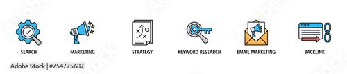 Seo marketing banner web icon set vector illustration concept with icon of search, marketing, strategy, keyword research, email marketing, backlink