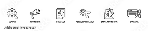 Seo marketing banner web icon set vector illustration concept with icon of search, marketing, strategy, keyword research, email marketing, backlink