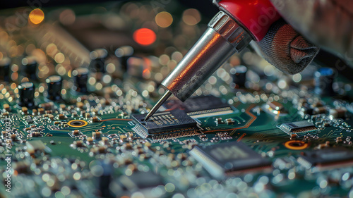 close up of a electronic circuit board, repair of a computer, close up of a computer board soldering with soldering iron by technician