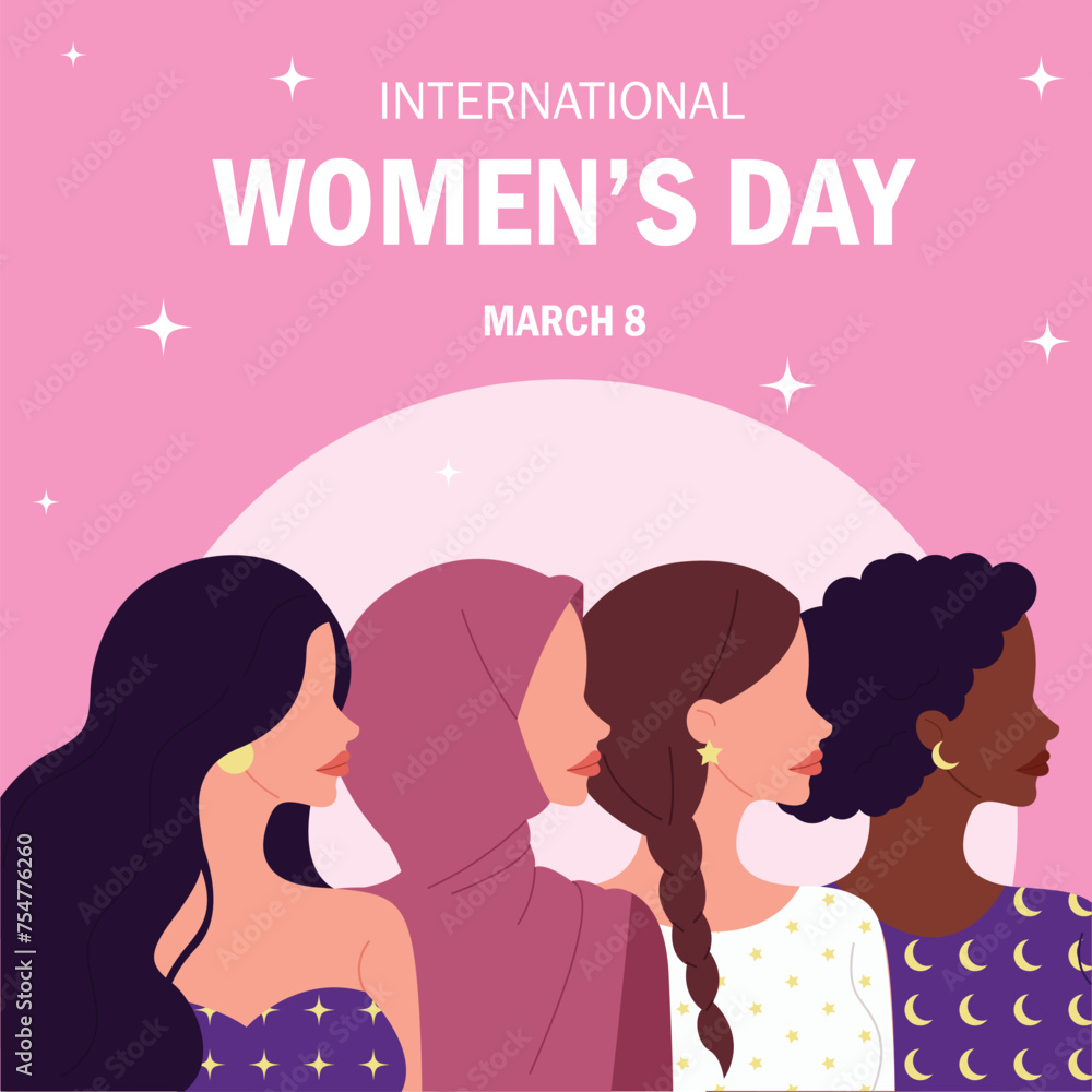 Women's day international celebration. Vector illustration. Isolated on pink creative background Women's day international celebration. Vector illustration. Isolated on pink creative background