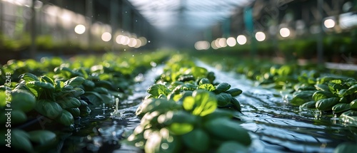 A futuristic hydroponic farm fills a vast, climate-controlled greenhouse with row after row of gently undulating growing tubes. Nutrient-rich water flows in circulating channels, bathing the exposed r photo