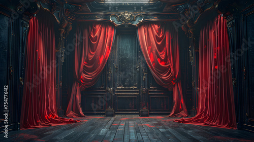 a stage with a black and gold background, red curtains, classic and vintage.  © wing