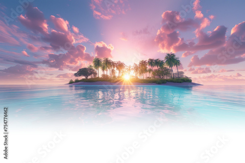 tropical island at sunset gradient effect, isolated on white and transparent background, png