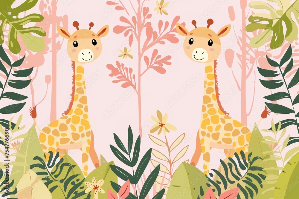 Kawaii Art of Baby giraffes with their long necks grazing on leaves.cute wallpaper pattern style Kawaii Art of Baby giraffes with their long necks grazing on leaves.cute wallpaper pattern style