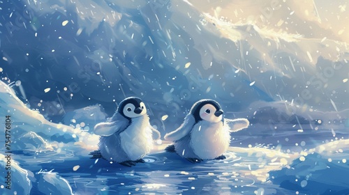 Kawaii Art of Baby penguins waddling on icy shores.cute wallpaper pattern style