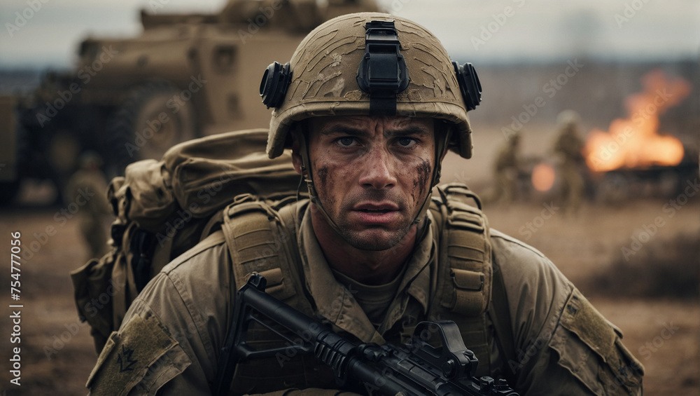Fototapeta premium Portrait of a Terrified American Soldier on the Battlefield of the of a Modern War 
