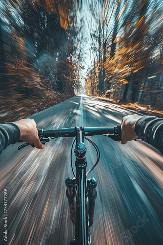 Rider driving bicycle on an asphalt road. Two hand on bike handlebar. Motion blurred background. World bicycle day. Celebrating the beauty of the bicycle on World Bicycle Day.