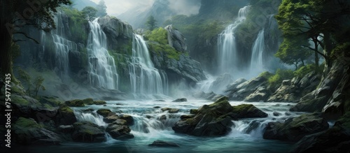 A painting depicting a powerful waterfall surrounded by dense forest trees. The water cascades down a rocky cliff creating a mesmerizing sight in the midst of the greenery.