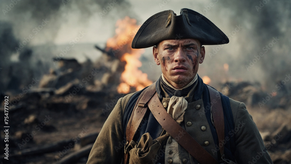 Portrait of a Terrified American Soldier on the Battlefield of the American Revolutionary War US United Kingdom Conflict 
