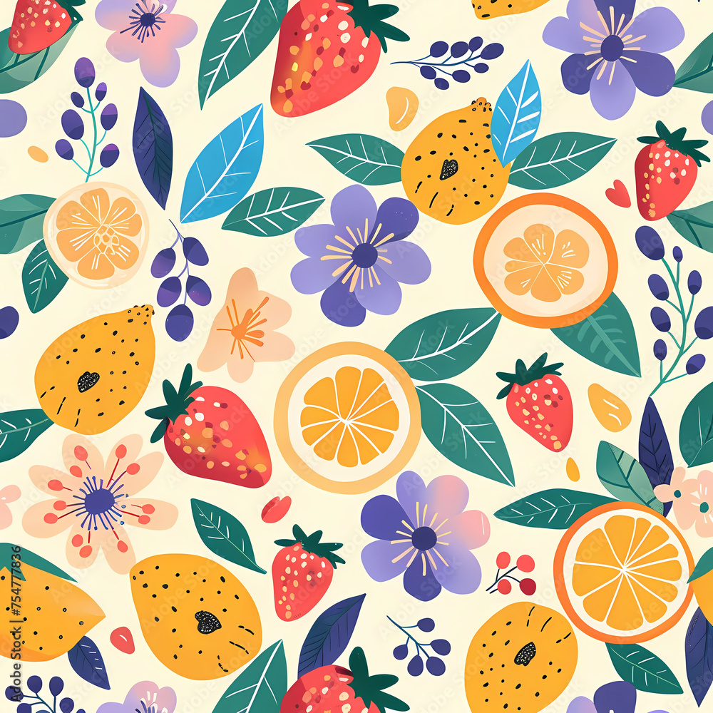Pattern flower and fruit are seamless, colorful, wallpaper. Patterns design