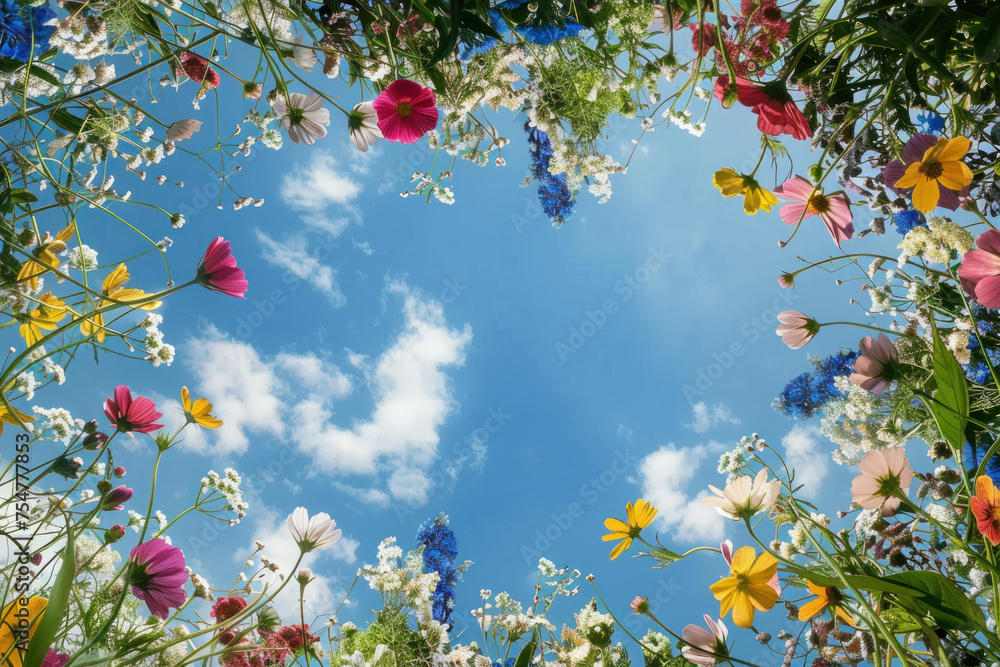 Elegant spring flower frame with beautiful sky and clauds as wallpaper background illustration, Flower around Sky