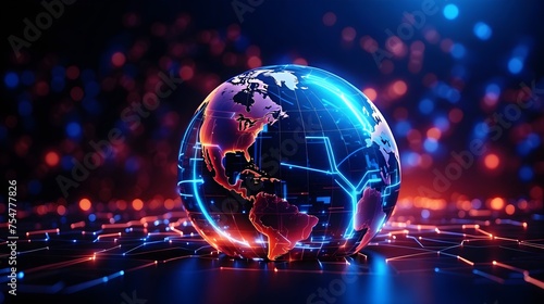 Abstract Digital world map, globe, concept of global connection, network and data transfer, technology and telecommunication, information flow