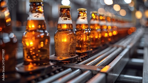 Banner Beer brewery conveyor. Brown glass alcohol bottles move on production line  modern equipment industrial drink