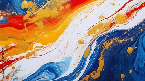 Yellow liquid marble serves as the backdrop for blue and red streaks  sprinkled with gold sparkles  creating a vibrant avant-garde painting with rich texture.