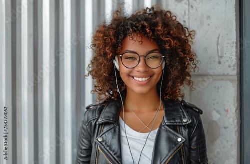 Woman Wearing Headphones and Leather Jacket