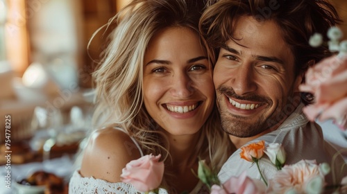 Smiling Man and Woman Holding Bouquet of Flowers