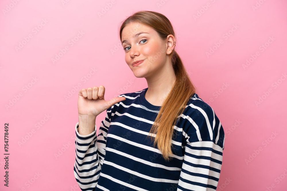 Young caucasian woman isolated on pink background proud and self-satisfied Young caucasian woman isolated on pink background proud and self-satisfied