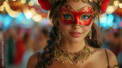 Beautiful model wearing a red masquerade carnival mask at a party on a festive dark background