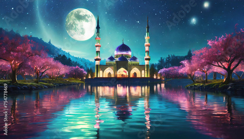 Mosque with cherry blossom and nightsky background. japan view