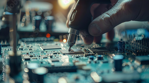close up of a electronic circuit board, repair of a computer, close up of a computer board soldering with soldering iron by technician © Gegham