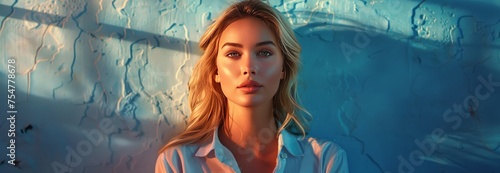 Woman With Blonde Hair Standing in Front of Blue Wall