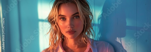 Woman With Blonde Hair Standing in Front of Blue Wall