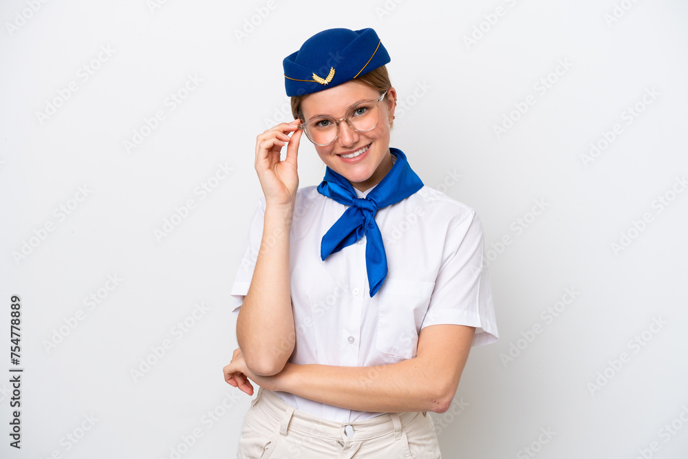 Airplane stewardess woman isolated on white background with glasses and happy Airplane stewardess woman isolated on white background with glasses and happy