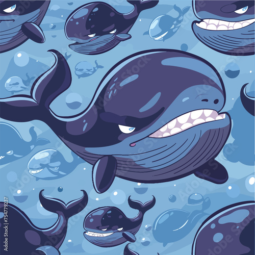 Angry Blue Whale seamless with underwater life.for fabric, wallpaper, wrapping paper, textile.Vector Illustration