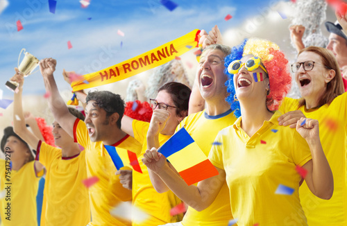 Romania football team supporter on stadium.