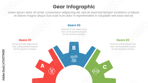 gear cogwheel infographic template banner with half circle on bottom center with 3 point list information for slide presentation