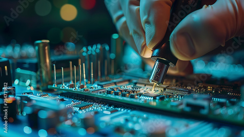 close up of a electronic circuit board, repair of a computer, close up of a computer board soldering with soldering iron by technician © Gegham