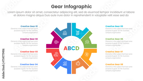 gear cogwheel infographic template banner with big circle center and description stack with 8 point list information for slide presentation