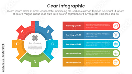 gear cogwheel infographic template banner with round rectangle stack with circle at edge with 5 point list information for slide presentation