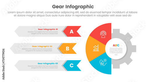 gear cogwheel infographic template banner with half circle and rectangle arrow shape with 3 point list information for slide presentation